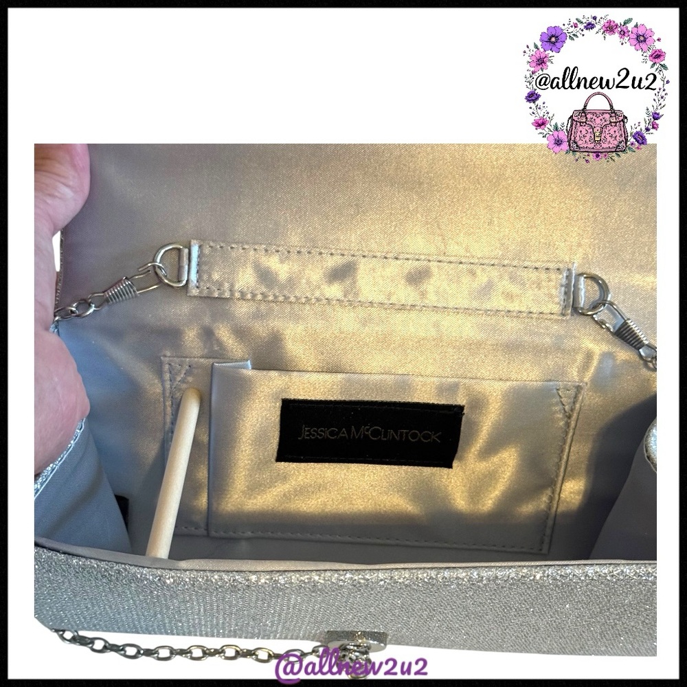 Jessica McClintock Beaded Elegant Silver Clutch Bag with Chan Strap - Picture 7 of 12